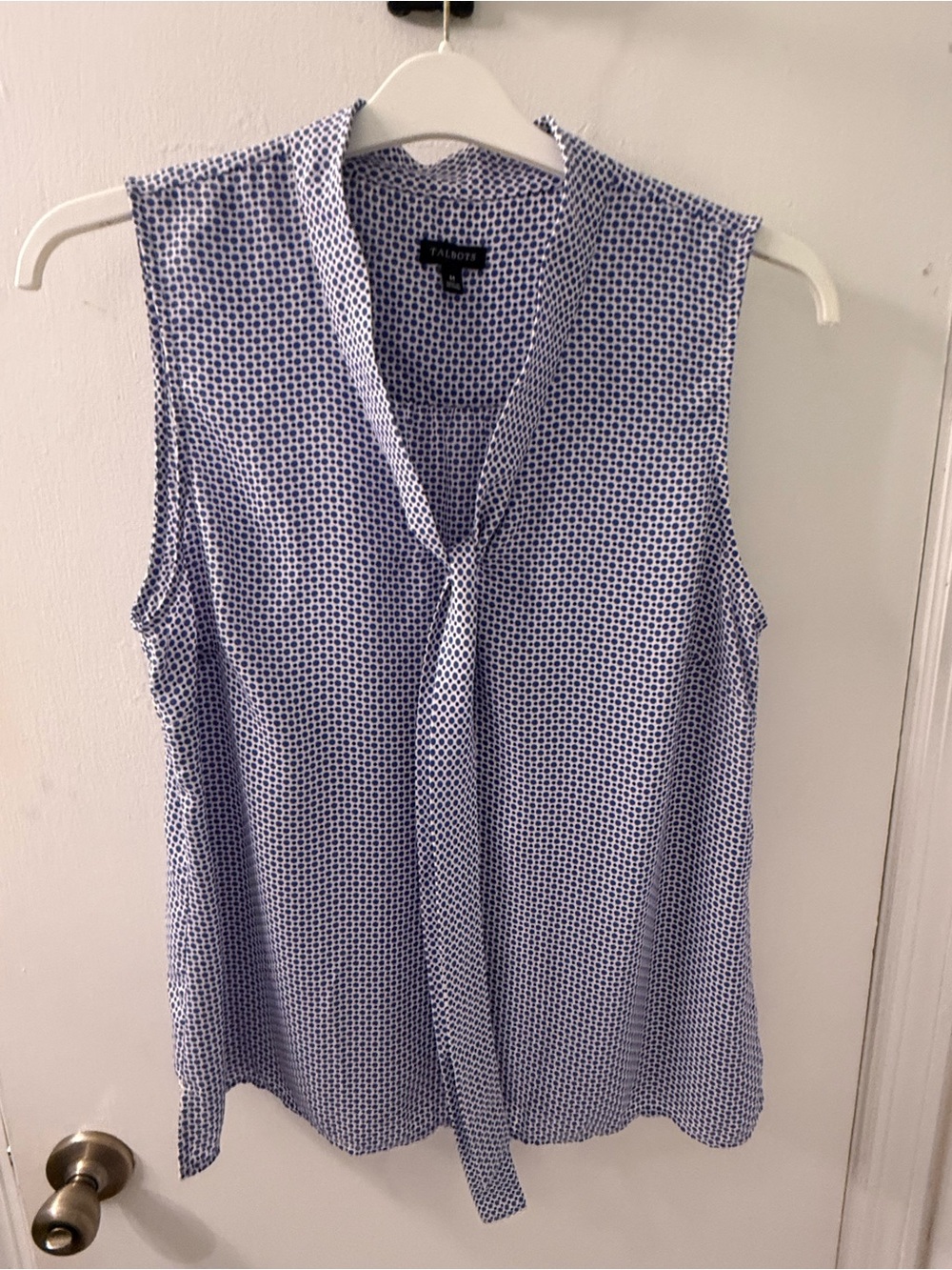 Talbots Blue/black Dot Print Sleeveless Tie-Neck Shell